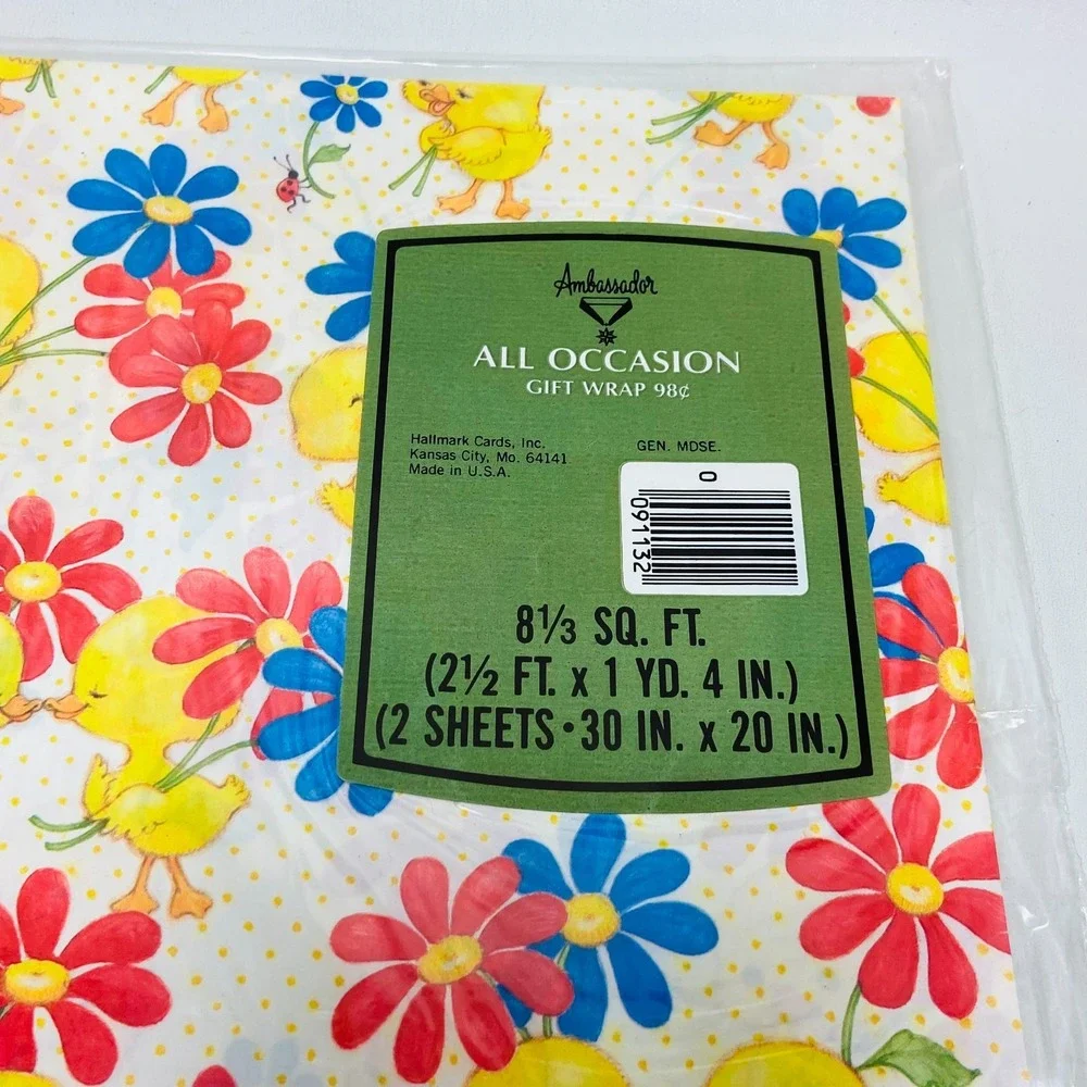 2 VTG NOS Wrapping Paper Hallmark‎ Ambassador Duck Floral 1980s Gift Wrap Yellow